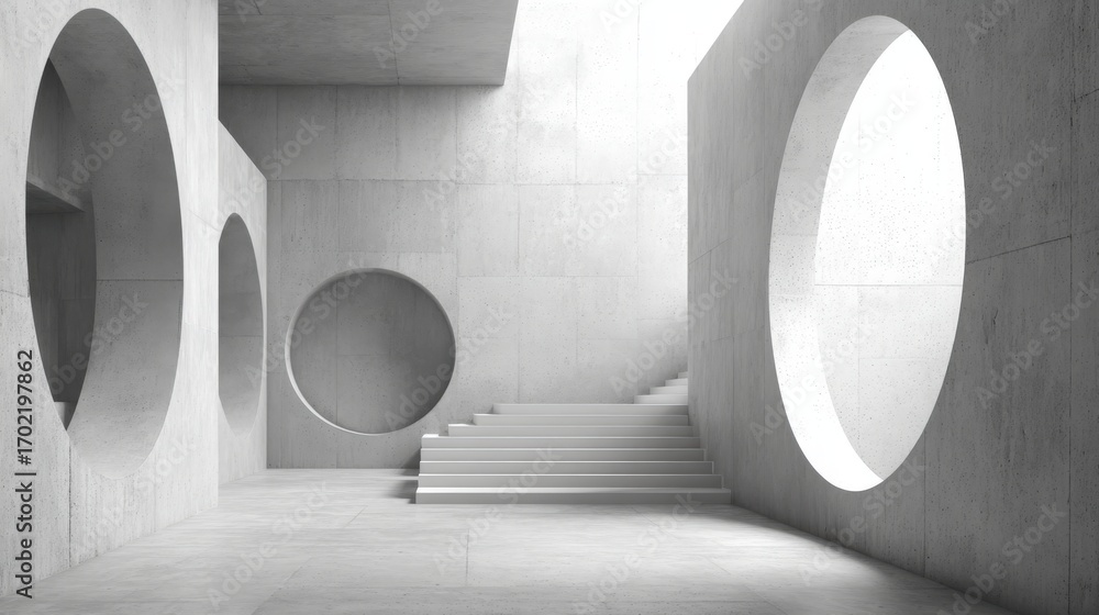 Poster minimalist concrete architecture with circular openings and ascending stairs, bathed in natural ligh
