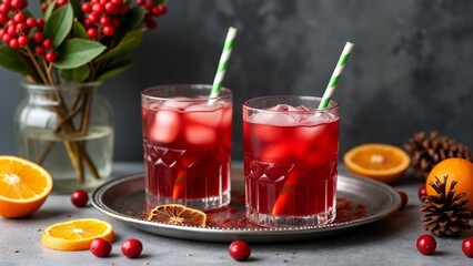 Two glasses of cranberry juice with a green and white striped straw.