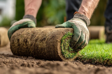 Professional landscaper laying grass rolls for a vibrant green lawn transformation