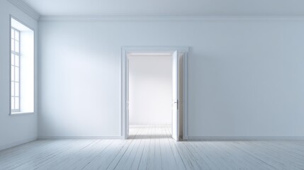 Bright Empty Room with Open Door Revealing Light, White Walls and Wooden Floor