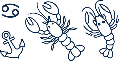 Obraz premium Hand-drawn crayfish and sea symbols illustration, featuring Cancer zodiac sign and anchor icon, perfect for marine, horoscope, and nautical-themed 