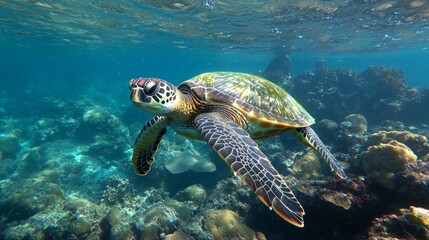 Obraz premium A sea turtle swims above a coral reef, the underwater world and ocean ecosystem for articles about marine life.