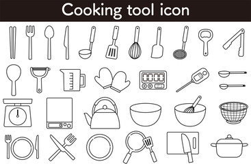 料理道具アイコンセット｜包丁, フライパン, 鍋, やかん, ボウル, 泡立て器, スプーン, フォーク, 箸, 計量カップ, キッチンタイマー, 食器, 調理器具, クッキングツール, 台所用品