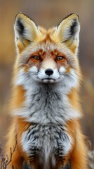 Fototapeta premium A portrait of a red fox with an attentive gaze against a natural background—perfect for content about wildlife, ecology, and animal photography.