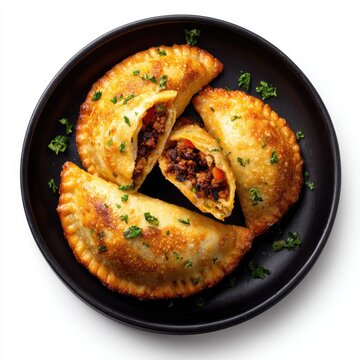Four golden-brown empanadas, split open to reveal savory meat and vegetable filling, arranged on a dark plate, garnished with parsley, against a white background