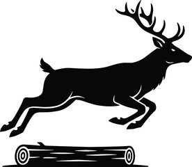 Fototapeta premium Minimal vector silhouette, stag leaping over low log, legs tucked, antlers swept back, side view, solid black