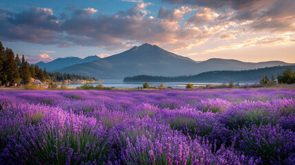 Fototapeta premium Serene Lavender Field at Sunset with Lake and Mountain View