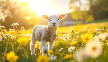 Fototapeta premium A fluffy lamb stands in a field of wildflowers, bathed in warm sunlight. Lush green grass and a soft blur enhance the idyllic scene