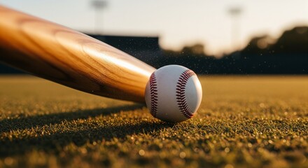 A baseball that has just been hit by a baseball bat, with a grass field background and flying dust effects showing movement