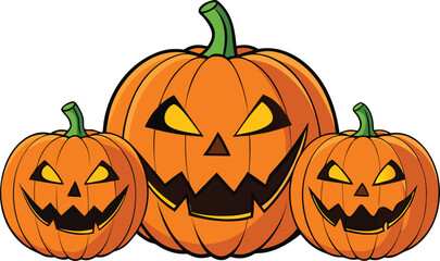 Set of Halloween monster jack-o'-lantern, orange pumpkins, carved, glowing, scary faces