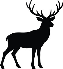 Fototapeta premium Minimal vector silhouette, standing stag alert, large branched antlers, side view, solid black