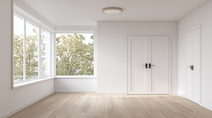 Obraz premium Bright Modern Empty Room with Large Window, Hardwood Floor, White Walls and Interior Doors