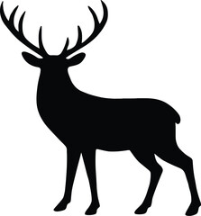Obraz premium Minimal vector silhouette, standing stag alert, large branched antlers, side view, solid black