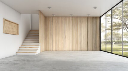 Obraz premium Minimalist Interior with Wooden Wall Panels, Staircase and Large Window Overlooking the Garden