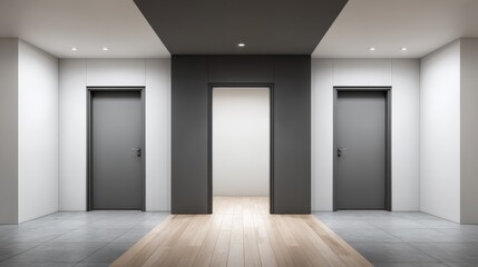 Fototapeta premium Modern Office Interior with Three Doors, Choice Concept, Business Opportunity, Minimalist Design, and Contemporary Architecture