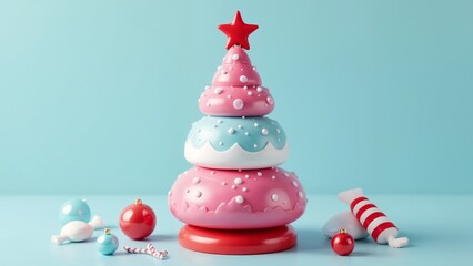 A pink and blue ceramic christmas tree with a red star on top.