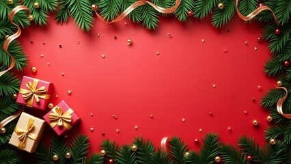 A red background with green and gold Christmas decorations.