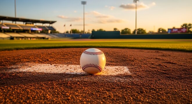 A baseball sits on the home plate of a well-lit, outdoor stadium at sunset, showcasing the warm tones and serene atmosphere of the . - Powered by Adobe