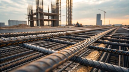 Commercial high-resolution photo of construction site with close up of deformed steel bars for reinforced concrete, no person.