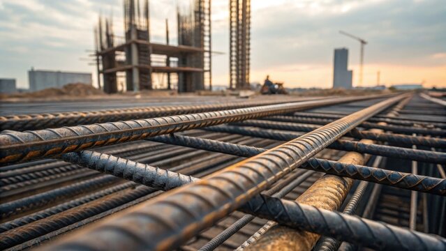 Commercial high-resolution photo of construction site with close up of deformed steel bars for reinforced concrete, no person.