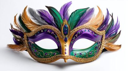 Colorful decorative masquerade mask with feathers and gems