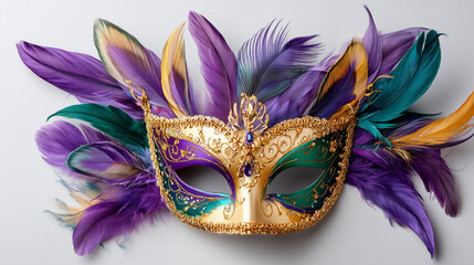 Colorful masquerade mask with feathers on white background  