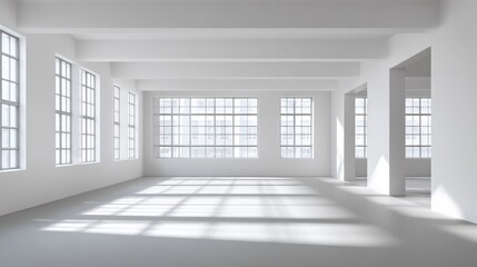 Obraz premium Bright Spacious Empty Interior with Large Windows, White Walls, and Polished Concrete Floor, Flooded with Natural Sunlight