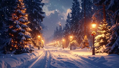 Enchanting snowy path illuminated by festive lights and winter trees