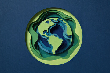 Paper cut earth illustration layered green and blue paper abstract globe design creative environmental concept textured background artistic eco friendly modern style
