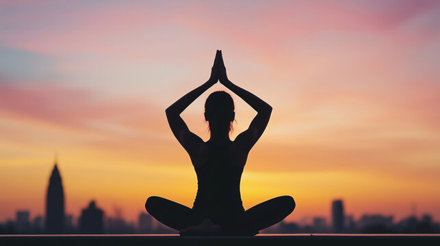 Person practicing yoga stretches on rooftop during sunset, creating serene atmosphere with city skyline in background