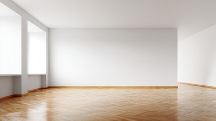 Obraz premium Minimalist Empty Room with White Walls and Wooden Herringbone Flooring, Flooded with Natural Light