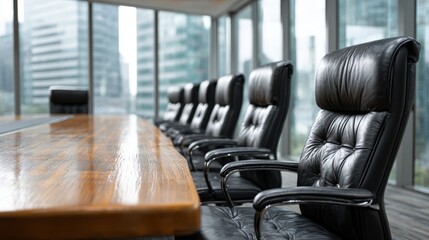 Executive boardroom featuring leather chairs and wooden table, showcasing corporate headquarters, emphasizing success and power