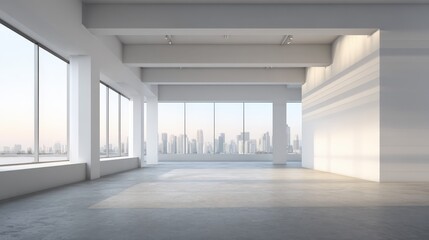 Obraz premium Bright and Spacious Empty Office Interior with Cityscape View, Modern Architecture, and Natural Light