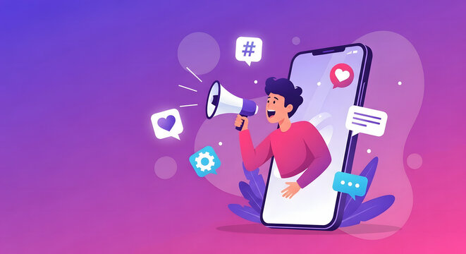 Flat Vector Illustration of Social Media Influencer in Smartphone Frame with Vibrant Floating Icons and Abstract Gradient Background
