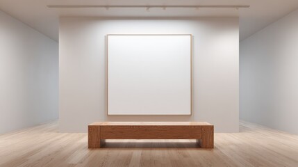 Modern Art Gallery Interior with Blank Canvas and Wooden Bench for Mockup Display