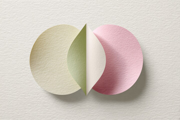 Minimalistic paper collage two balanced abstract shapes pastel color geometric textured surface modern art creative symmetry soft shadow calm mood