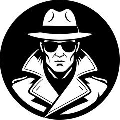 Noir Detective Silhouette in Fedora and Trench Coat – Mysterious Private Investigator Icon Vector Illustration
