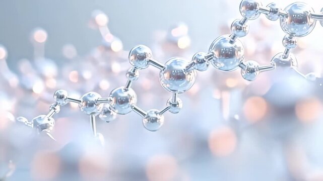 As the camera sweeps gently from below, a cascade of iridescent, ethereal molecules orbiting in spherical nested chain motion forms elaborate patterns against a soft white backdrop, where