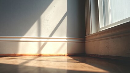 Obraz premium Sunlight streams into a room, illuminating a corner with hardwood floor, white baseboards, and a window frame. The light casts sharp shadows on the wall and floor
