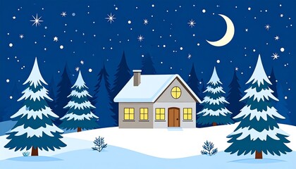 Naklejka premium Enchanting winter night scene with snow-covered house and forest trees