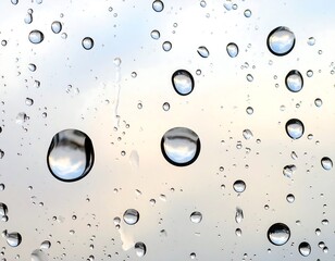 A close-up view of water droplets on glass, reflecting a soft, pale sky.