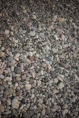 Smooth sea pebbles meet foamy waves at the shore. The gentle sea foam and textured stones create a calming, natural, and serene coastal atmosphere.