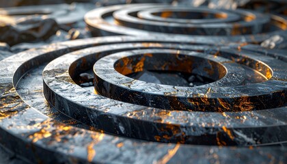 Circular stone formations linked with metallic accents, blending natural texture and industrial connection in balanced design