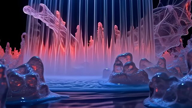 Under the enigmatic glow of brilliant colors, intricate molecules forming shapes like frozen light waterfall build mesmerizing patterns that undulate and flow, with delicate movements