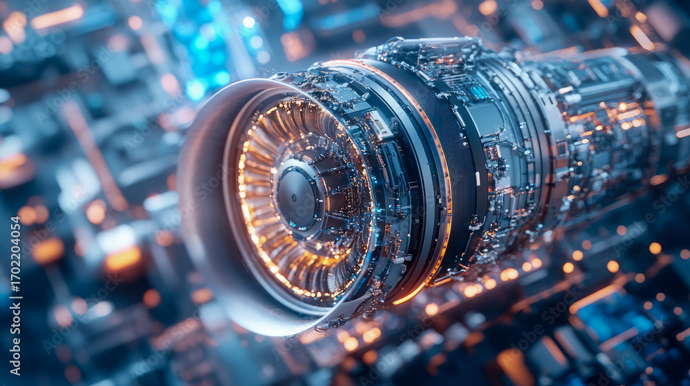 Poster futuristic cybernetic engine with intricate circuits and glowing core, representing advanced ai and 