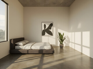 A minimalist bedroom with a low platform bed, a framed abstract artwork, and a potted plant bathed in natural sunlight.