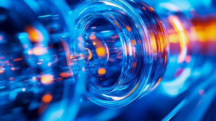 Obraz premium Dynamic abstract visualization of high-speed data flow and energy transfer through concentric luminous blue tubes and glowing orange particles in futuristic digital realm
