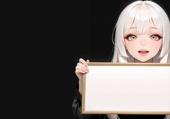 An expressive anime avatar holding a blank mockup for announcements and web banners, her design features clean white hair and makeup against a solid black backdrop, a 4K ultra-detailed visual.
