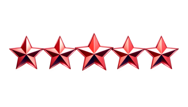 Premium 3D red five star rating isolated on transparent background	