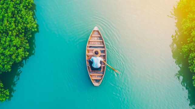 Aerial view of lone person in wooden boat paddling serenely on vibrant turquoise river flanked by lush green foliage under warm sunlight